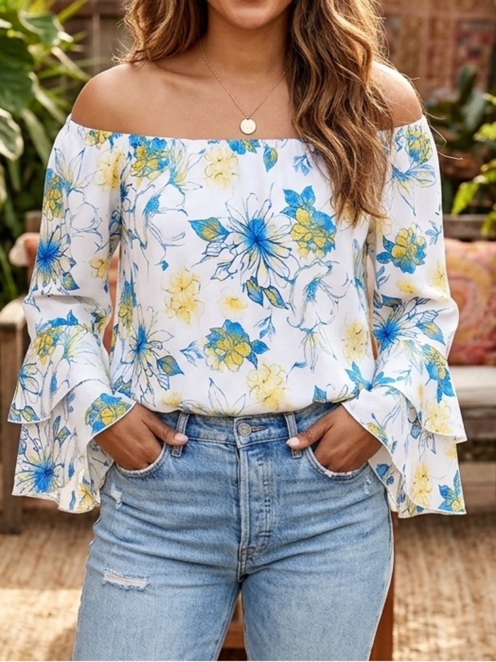 Arabella Off-Shoulder Floral Peasant Top in White with Blue & Yellow Bloom